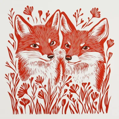 Two Red Fox Linocut