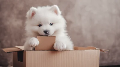 Samoyed Puppy in a Box