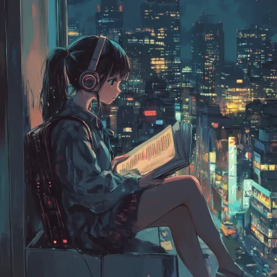 Anime Girl Studying in a City