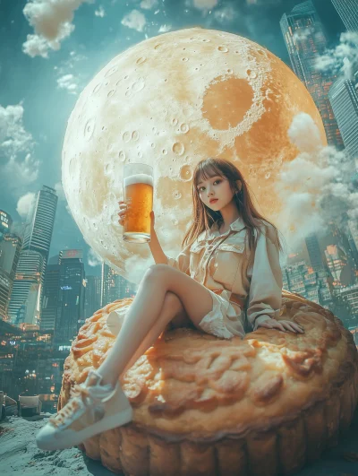 Young Korean Girl with Mooncake and Beer in Chinese City