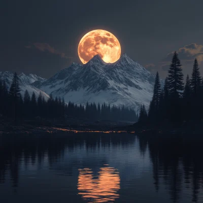 Orange Moon Over Snowy Mountain Lake