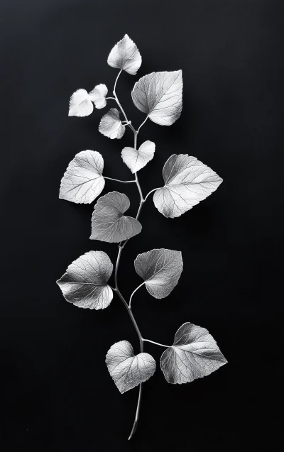 Silver Ivy Branch on Black Background