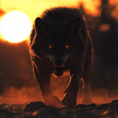 Aggressive Wolf Under Sunset