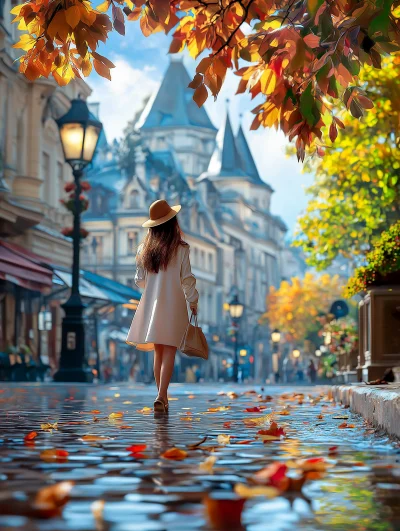 Lonely Woman Walking on Wet Lantern