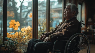 Sad Asian Man in Wheelchair Looking Out Window