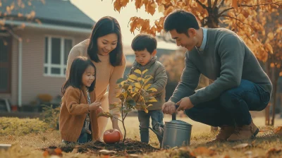 Asian Family Planting Apple Tree