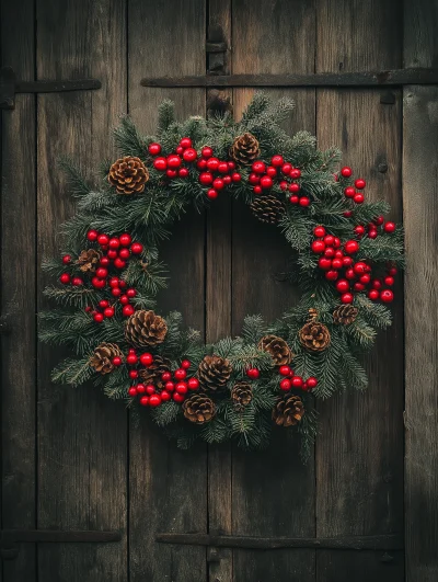 Christmas Wreath on Wooden Door