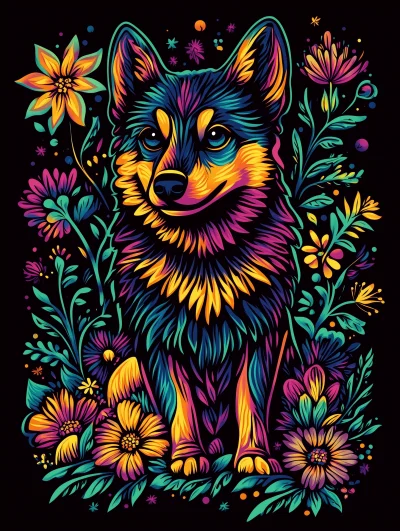 Colorful Shiba Inu surrounded by flowers