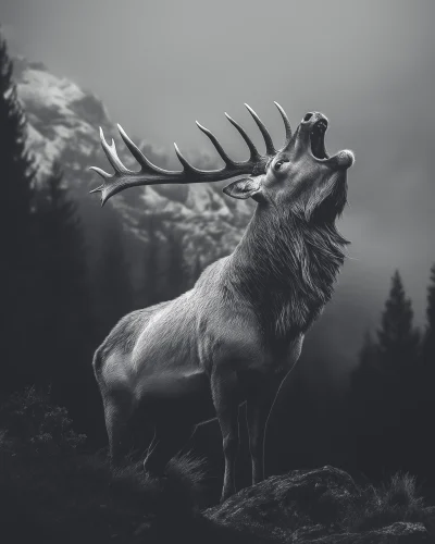 Roaring Red Deer Portrait at Night