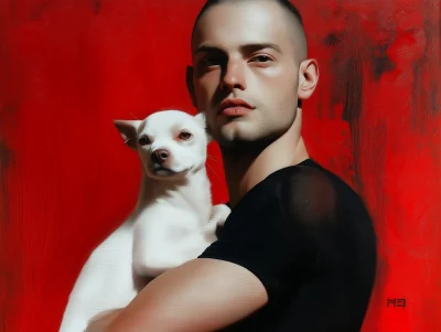 Athletic Man with White Puppy