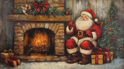 Santa by Chimney in Folk Art Style