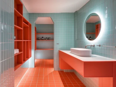 Bathroom with Light Blue Tiles and Coral Cabinets