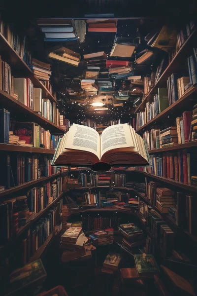 Floating Book in Dimly Lit Bookstore