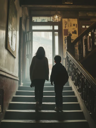 Mother and Son Walking Up Staircase