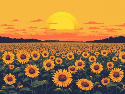 Sunset Over Blooming Yellow Daisies