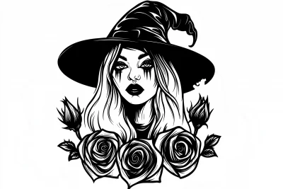 Witch with Roses Vector Line Art