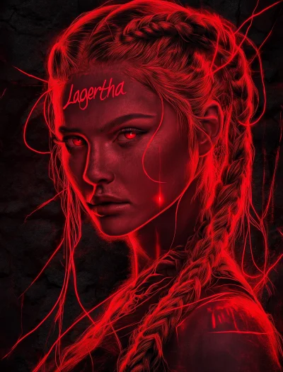 Neon Red Glowing Outline Portrait of a Woman with Horns