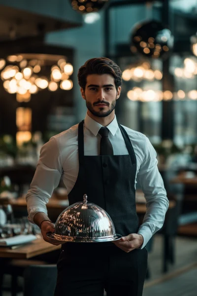 Elegant Waiter Holding Silver Cloche