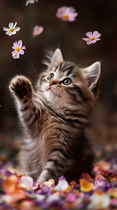 Playful Kitten in a Bed of Flower Petals