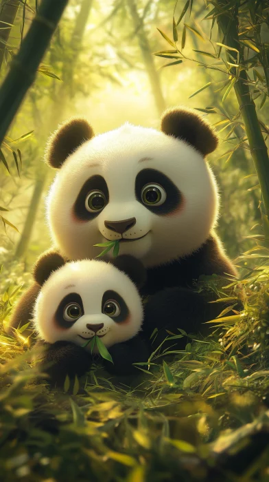 Chubby Panda Family in Bamboo Forest