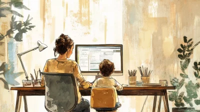 Mother and Child Working at Office