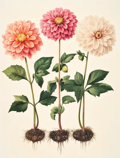 Vintage Botanical Dahlias Illustration