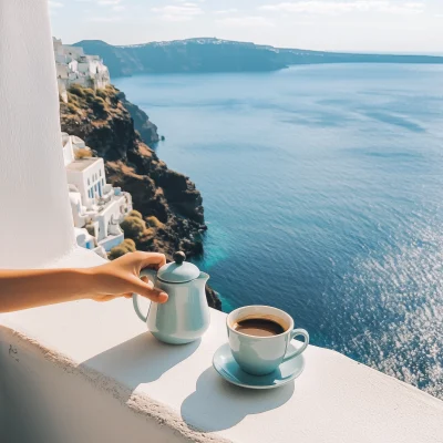 Girl’s Hand Holding Espresso Pot and Coffee Mug