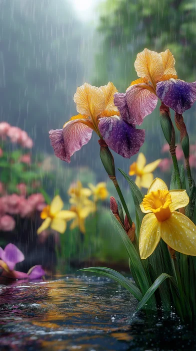 Tall Iris and Daffodil After Rain