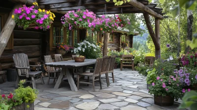 Rustic Patio Scene with Wooden Furniture and Flower Baskets