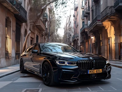 Barcelona City Landscape with Black BMW 750i