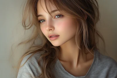 Young girl with brown hair in gray shirt