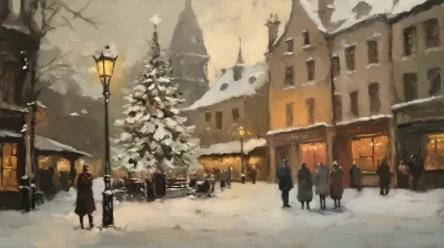 Vintage Snowy Town Square Oil Painting