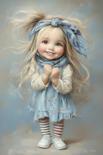 Whimsical Silly Little Girl in Oil Painting