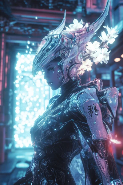 Futuristic Japanese Cyberpunk Humanoid Robot Oni in Abandoned Temple City