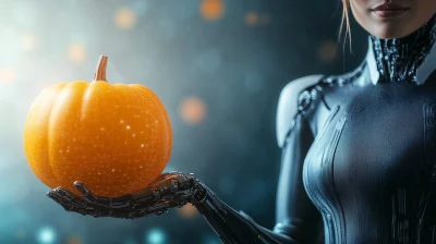 Digital Cyborg Woman with Artificial Pumpkin