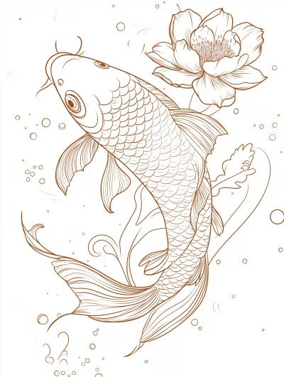 Koi Fish Line Art with Flower