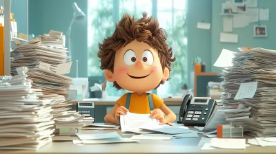 Overwhelmed Cartoon Character at Help Desk