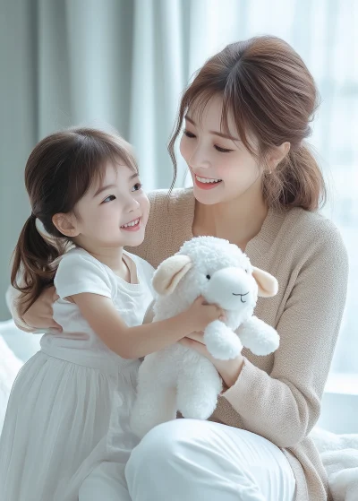 Mother and daughter playing with plush toy sheep