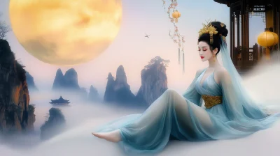 Meditating Young Woman on Cloud in Fantasy Landscape