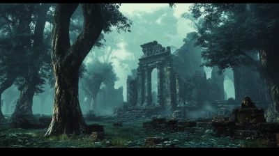 Mystical Ancient Forest with Ruins of Temple