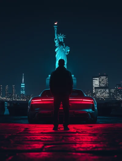 Electric statue of liberty with a car