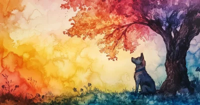 Watercolor Dog Under Tree