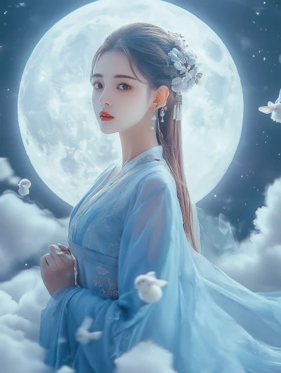 Woman in Blue Hanfu on the Moon