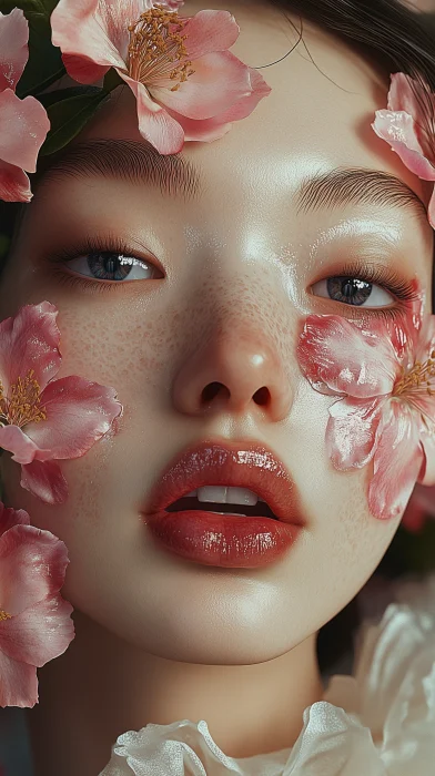 Asian Woman with Flower Body Art Portrait