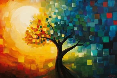 Cubist oil painting with jade tree at sunset