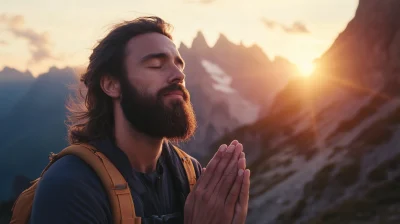 Man Praying Outdoors in the Mountains