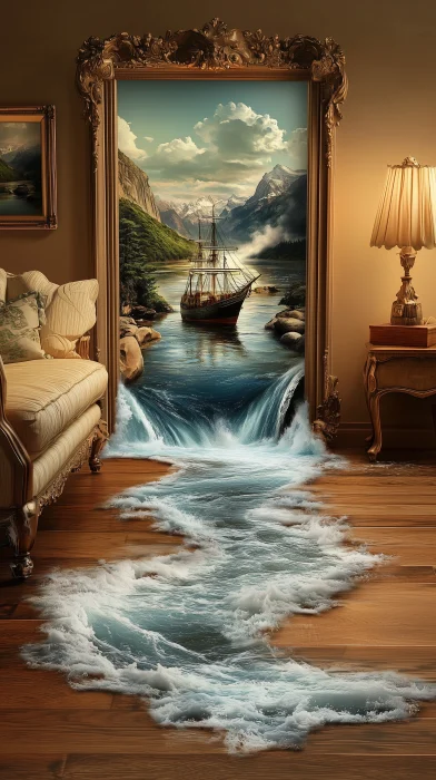 Surreal River Flowing Out of Oil Painting