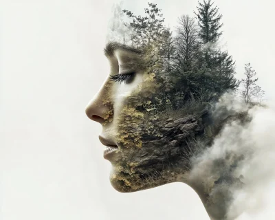 Nature landscape and woman’s profile with hand touching chin