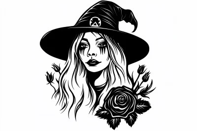 Witch with Roses Vector Line Art