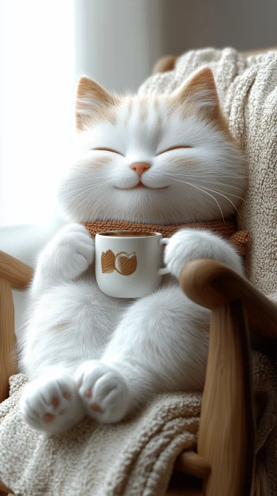 Chubby Cat Enjoying Tea on Rocking Chair